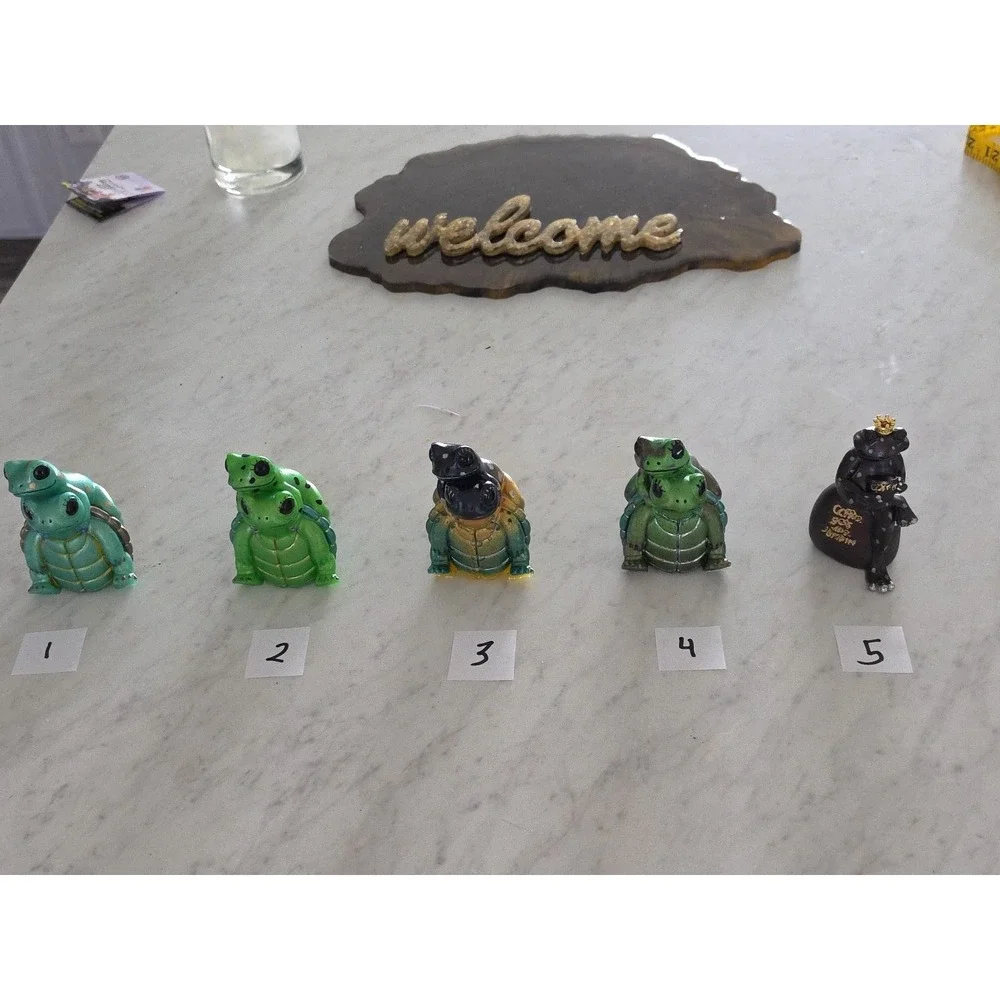 Handmade Resin Turtle Frog Figurine Piggyback Green Navy Blue Brown